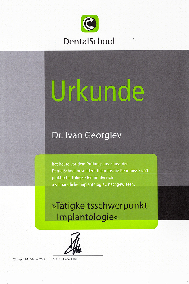 Urkunde - Tätigkeitsschwerpunkt Implantologie Ivan Georgiev 2017