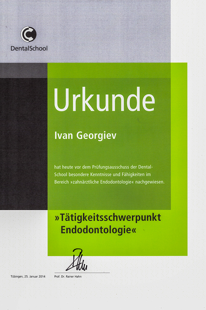 Urkunde - Tätigkeitsschwerpunkt Endodontologie Ivan Gerogiev 2014